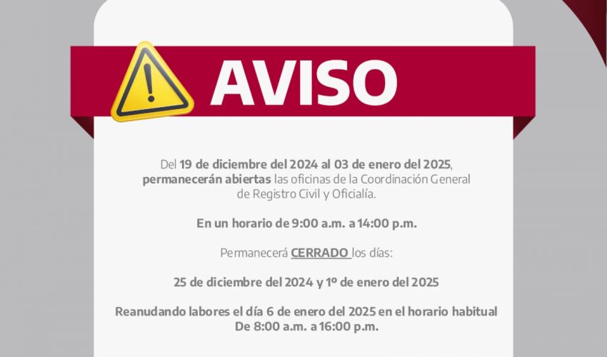 OFICINAS DE REGISTRO CIVIL LABORARÁN EN HORARIO ESPECIAL EN PERIODO VACACIONAL
