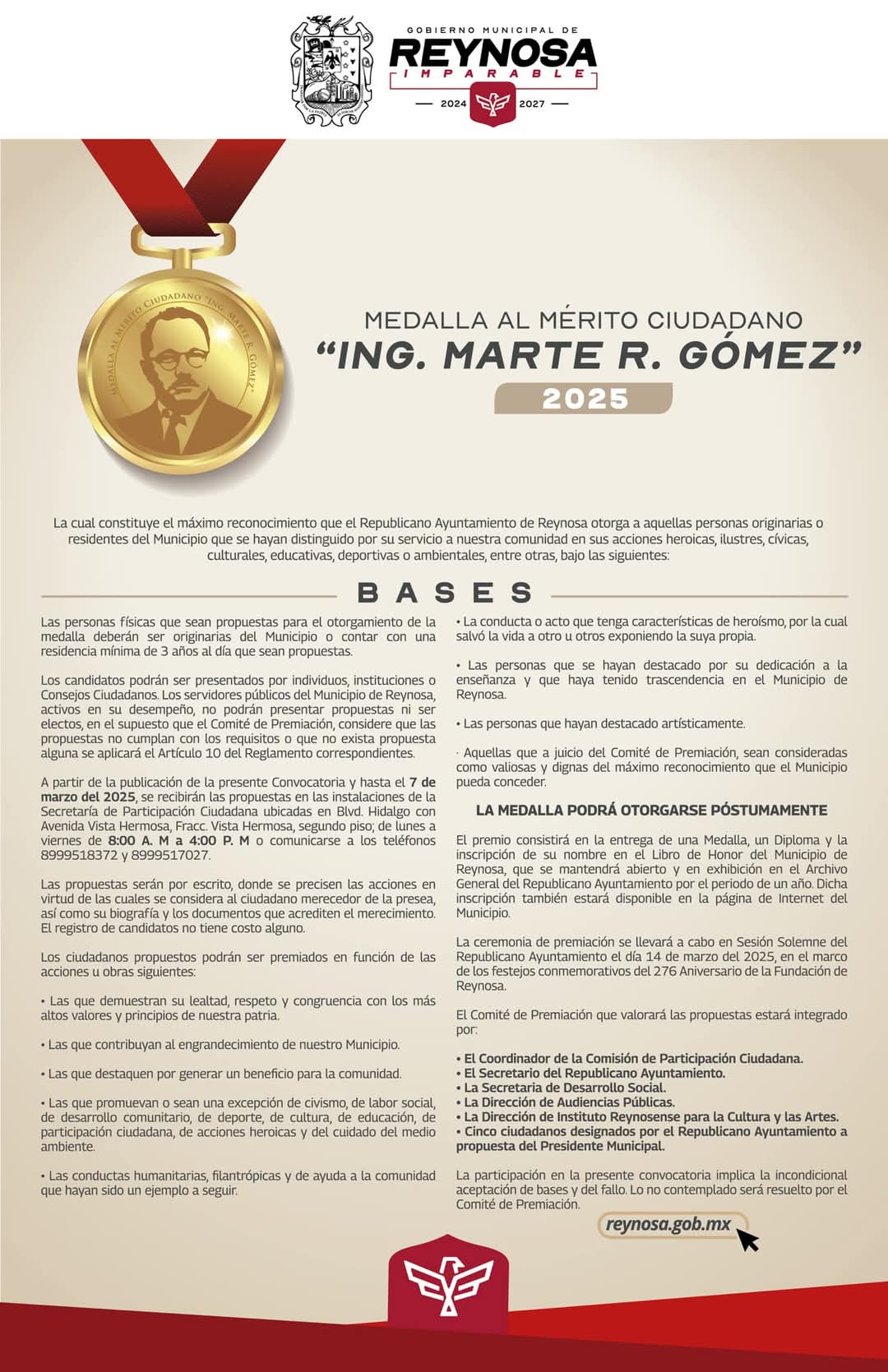 Distinguirá Gobierno Municipal de Reynosa a un ciudadano con la Medalla al Mérito Ciudadano “Ing. Marte R. Gómez” 2025