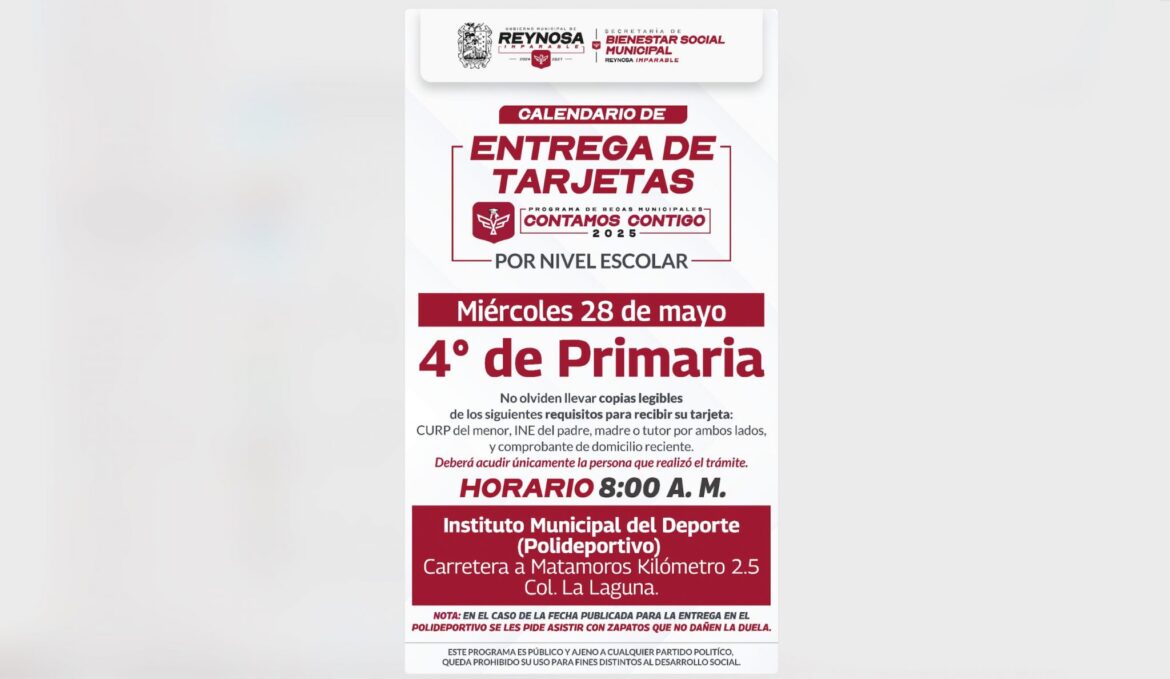 Recibirán alumnos de Cuarto Año de Primaria Beca del Gobierno de Reynosa.