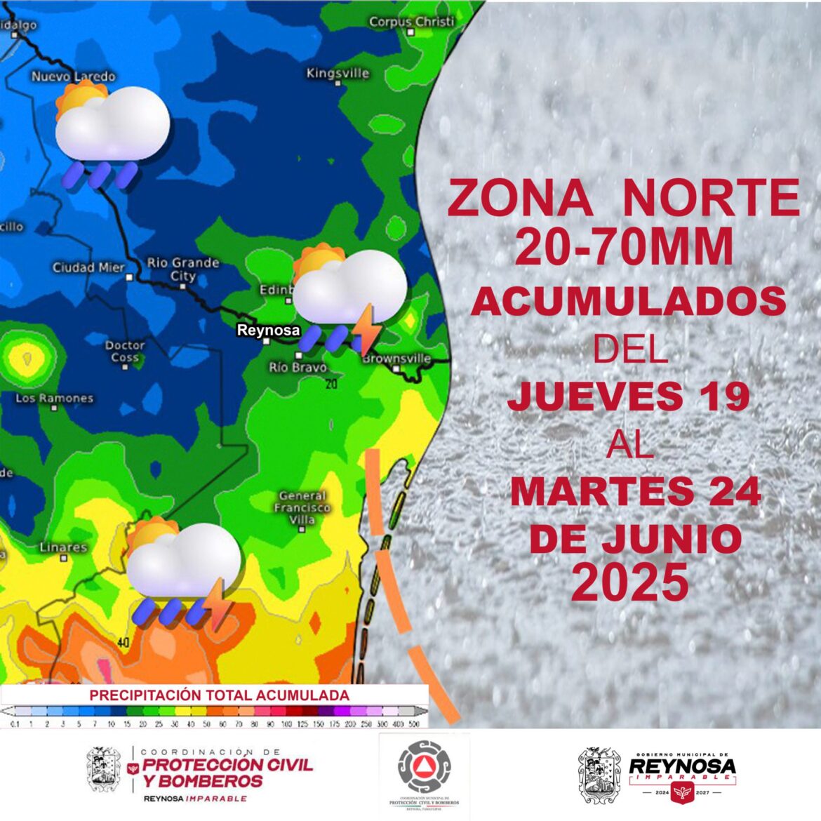 Emite Protección Civil alerta por lluvias constantes en Reynosa.