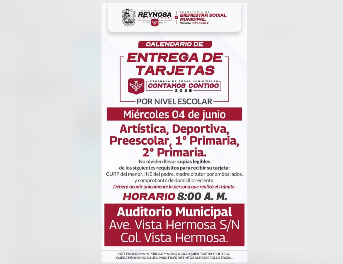 Entregarán Tarjetas de Becas Municipales a beneficiarios de Preescolar, Deporte, Arte y Primero y Segundo de Primaria.