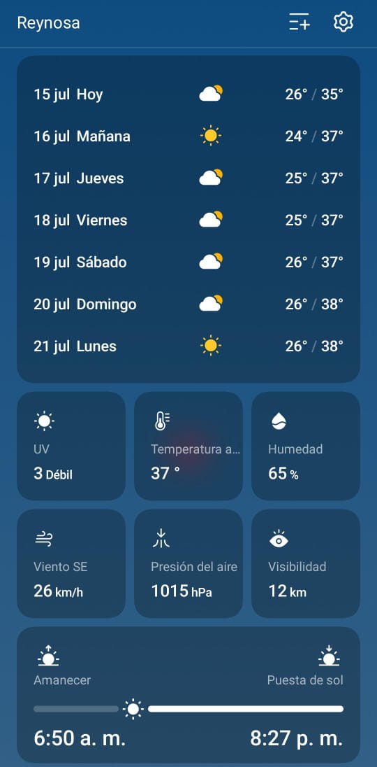 Clima en Reynosa Tamaulipas 15 de Julio del 2025.