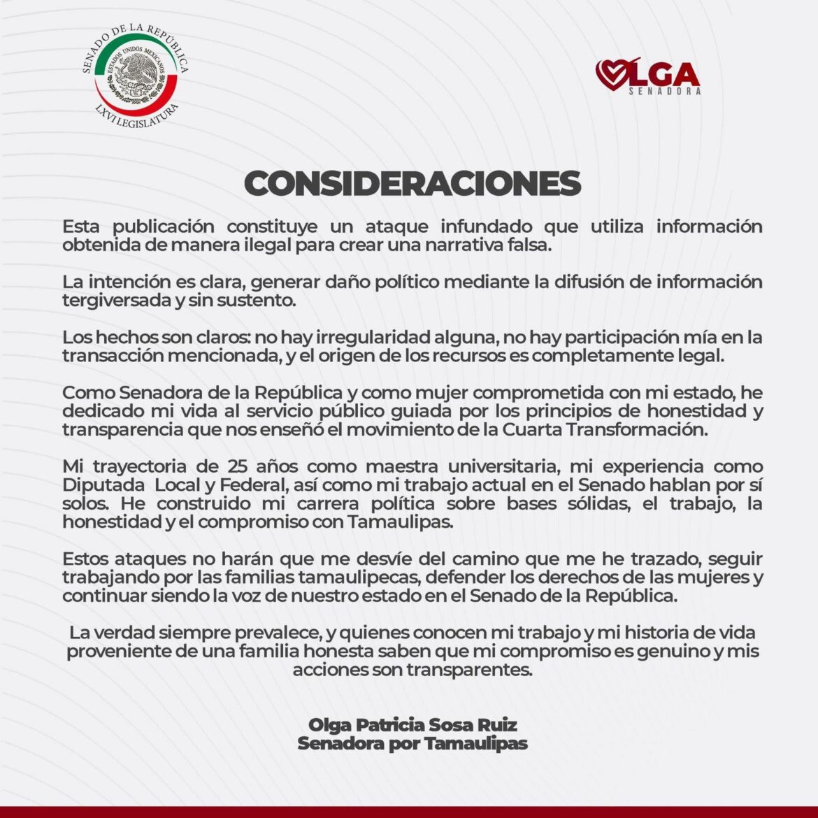 Senadora desmiente vínculo con cuenta bancaria señalada en redes