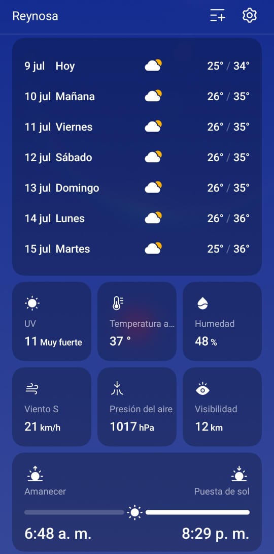Clima en Reynosa Tamaulipas 9 de Julio del 2025.