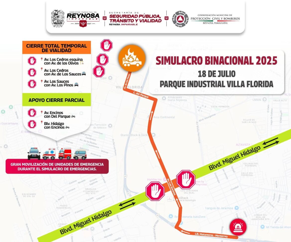 Cierre de vialidades por Simulacro Binacional DINAPREQ 2025.