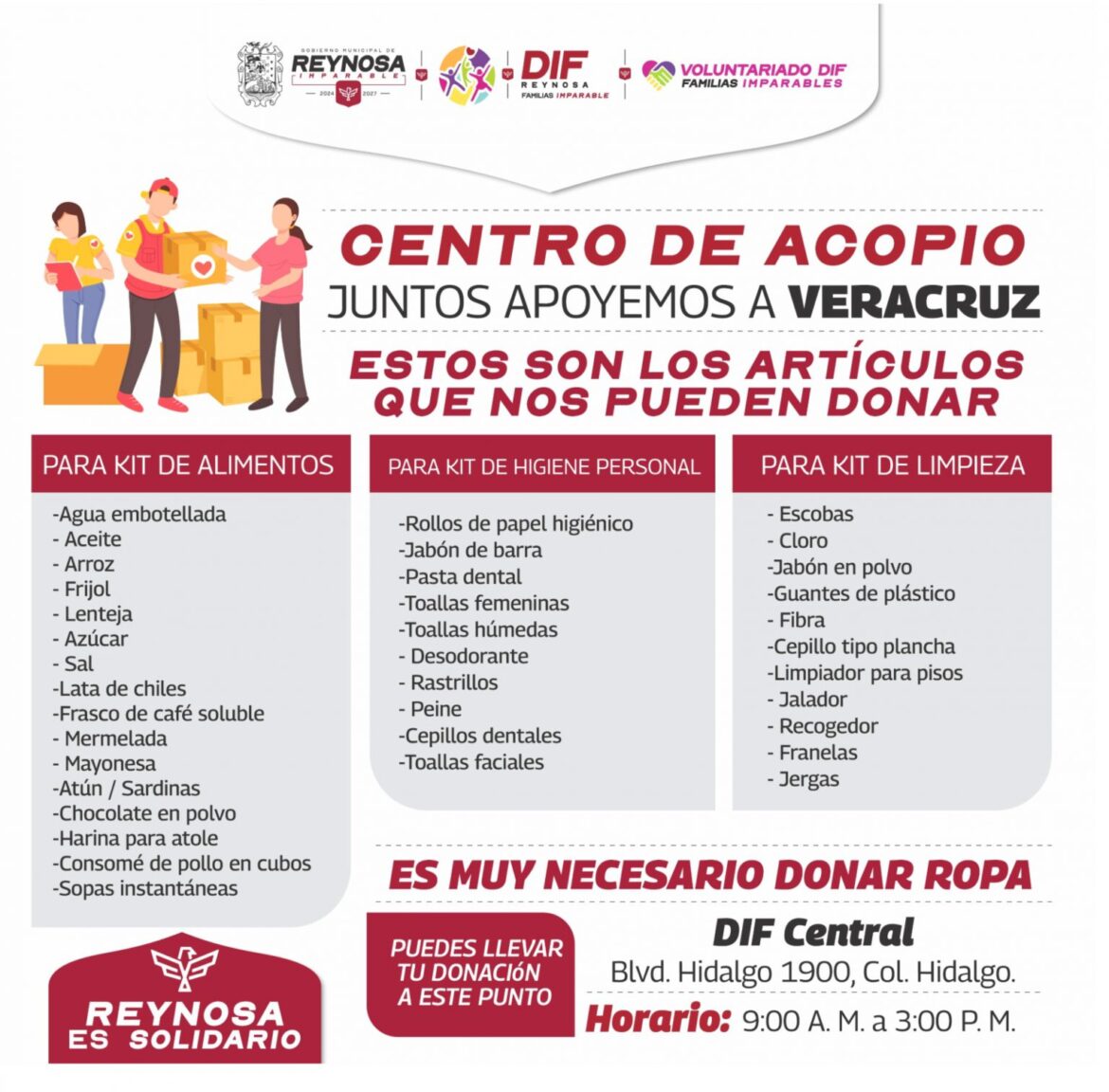 Instalan Alcalde Carlos Peña Ortiz, DIF y Voluntariado centro de acopio para apoyar a familias de Veracruz.