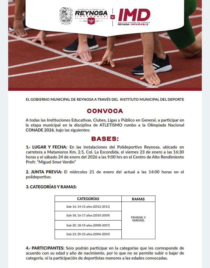 Convoca el Gobierno de Reynosa a la eliminatoria de Atletismo.
