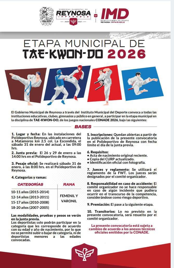 Invita el Gobierno de Reynosa a participar en el Torneo Municipal de Taekwondo.